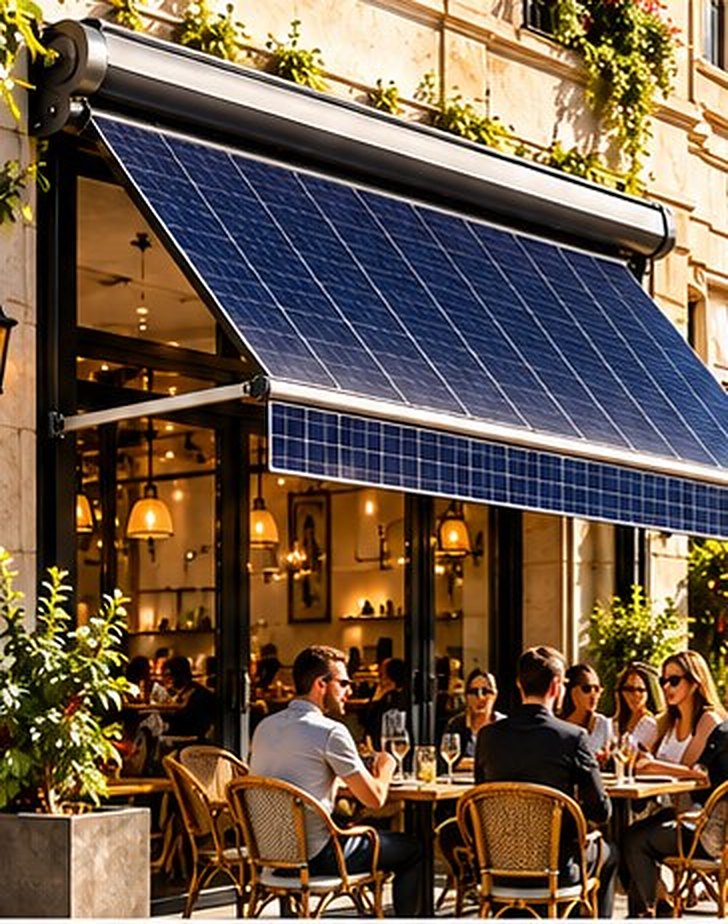 Café terrace shaded by a Roll solar awning